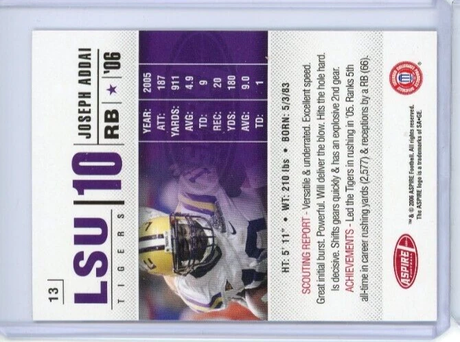 2006 Aspire #13 Joseph Addai RC - LSU / Indianapolis Colts - MINT - Image 2 of 2