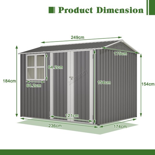 Garden Shed 8x6FT Steel Apex Tool Equipment Organize W/Window Door Grey - Picture 9 of 12
