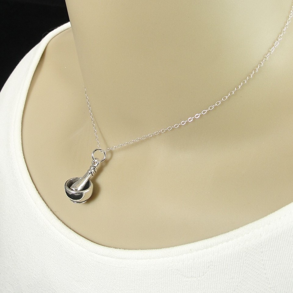 925 Sterling Silver Mortar and Pestle Necklace RX Medicine Bowl Charm