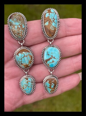 NAVAJO~#8 TURQUOISE ~THREE STONE~SS~EARRINGS ~GERALDINE JAMES
