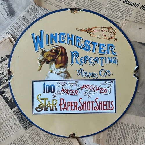 VINTAGE WINCHESTER ARMS STAR PAPER SHOT SHELL 12 INCH PORCELAIN ENAMEL SIGN