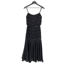 VINTAGE CHANEL 1980’s Sequin Midi Flare Dress Black Silk 38 *Authenticated