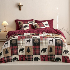 Rustic Cabin Lodge Comforter Set with Sheets, 7-Piece Queen, Burgundy Black