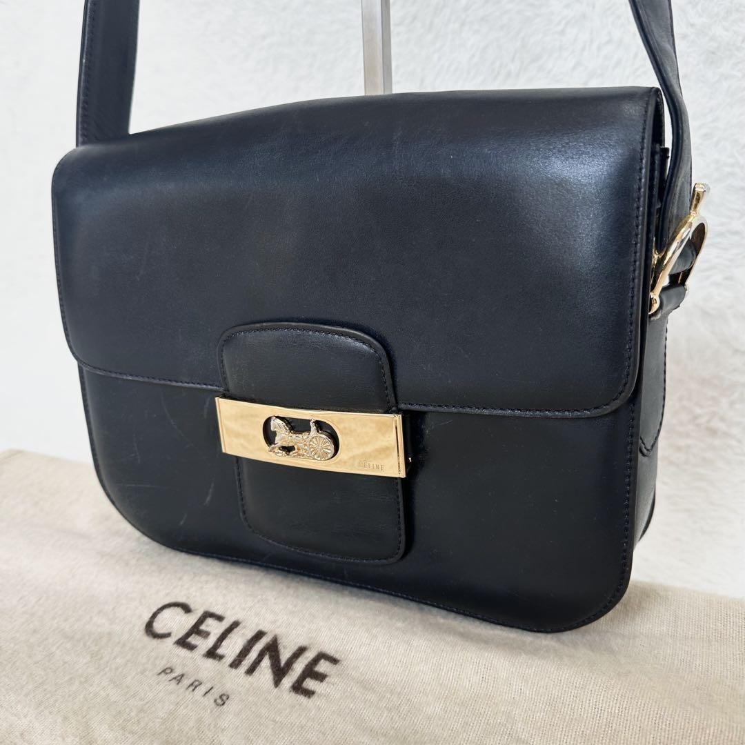Celine Black Leather Horse Carriage Shoulder Bag Authentic I0719806