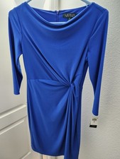  Lauren Ralph Lauren Sheath Dress Women 2P Blue Stretch Half Sleeve Twist Ruched