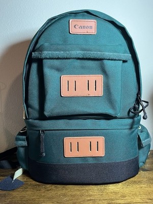 New Vintage Canon Camera Photographer Dark Green Backpack Padded Leather