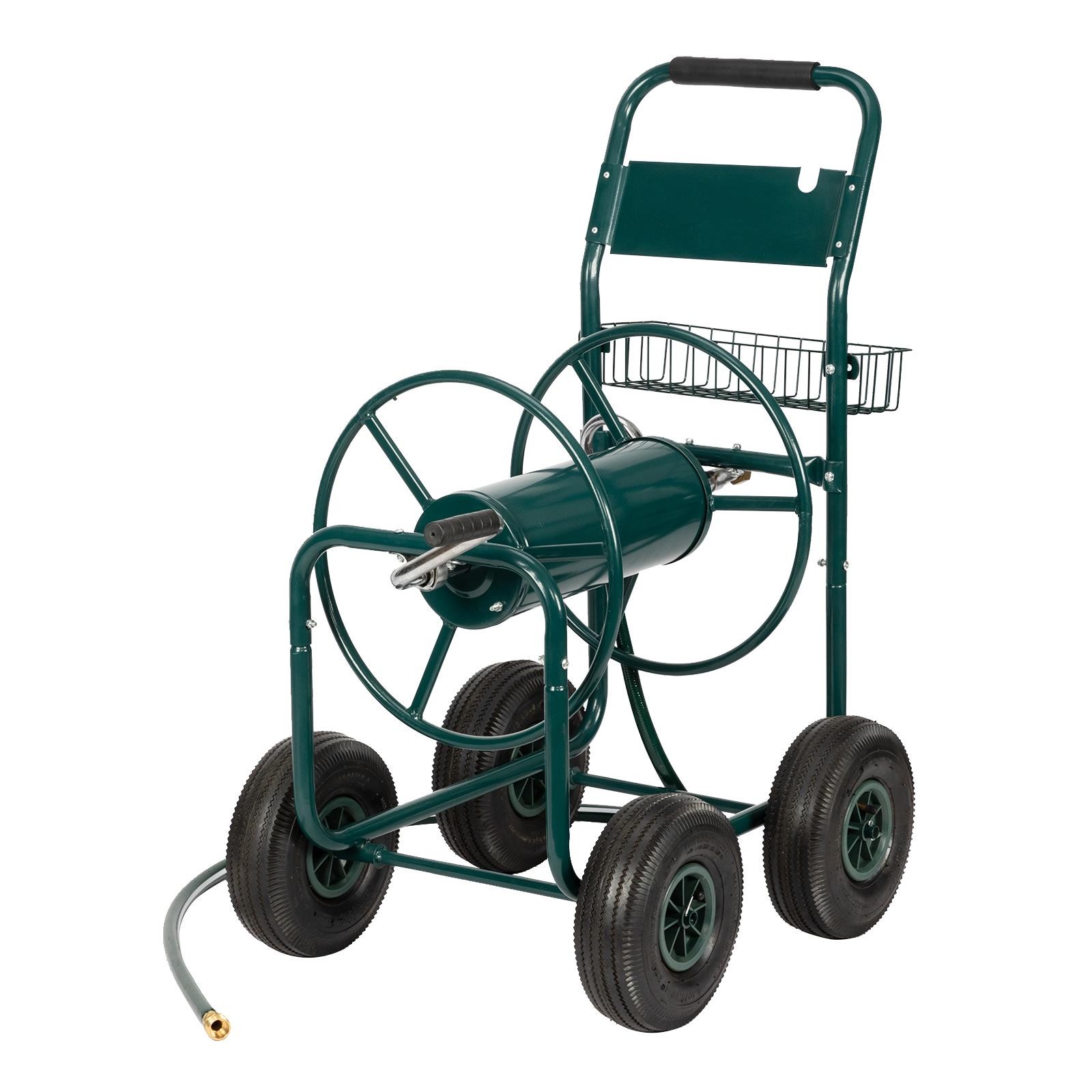 4 Wheels Portable Garden Hose Reel Cart with Storage Basket 