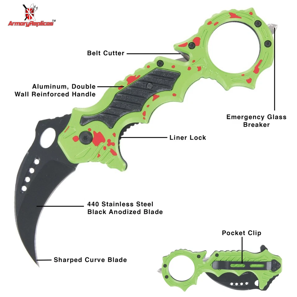 Spring Assisted Karambit Pocket Knife EDC Tactical Hawkbill Zombie Green Folding - Image 2 of 4
