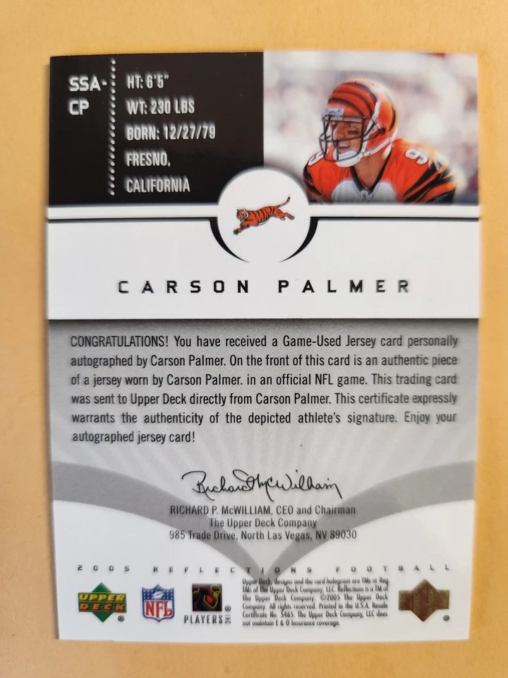 2005 Upper Deck Reflections Carson Palmer Super Swatch /10 SSA-CP SIGNED JERSEY - Image 2 of 2