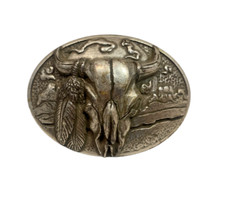 VINTAGE SOUTHWESTERN BULL SKULL WITH FEATHERS 3D BELT BUCKLE