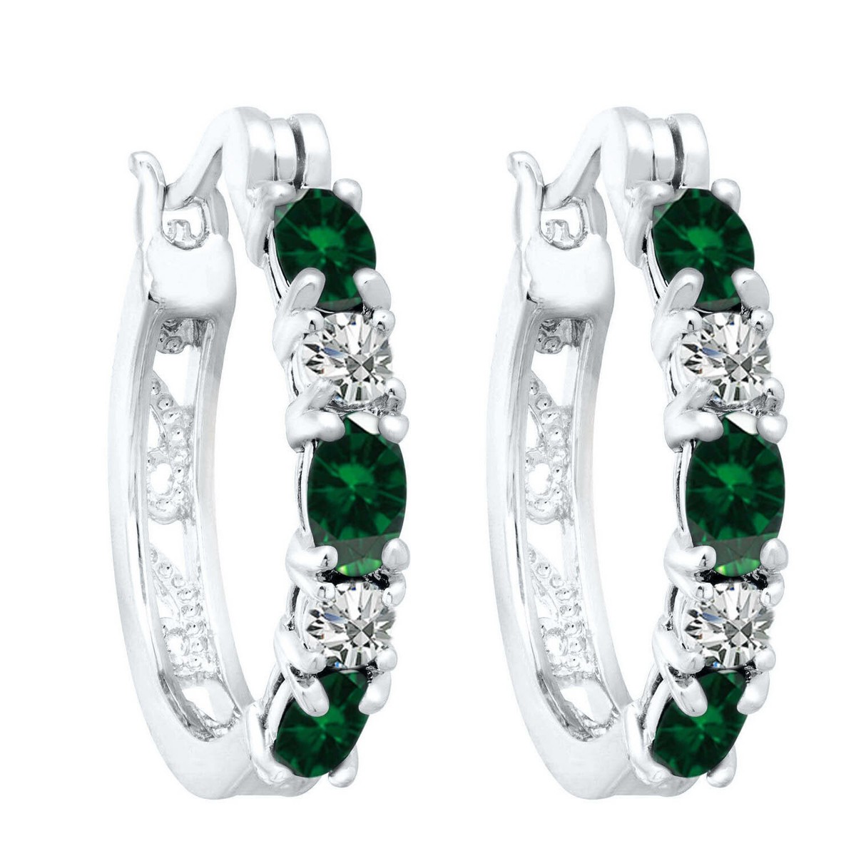 CT Simulated Emerald Women's Hoop Earrings in 14K White Gold