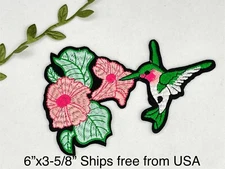 Humming Bird Patch Iron-on Applique Wild Bird Badge, Garden Flower, Decorative