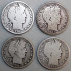 4 Silver Barber Half Dollars 1899-1902 50c US Type Coins Average Circulated