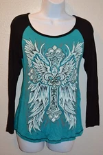 Womens Liberty Wear Black & Teal Long Sleeve Graphic Tee Shirt NEW MEDIUM