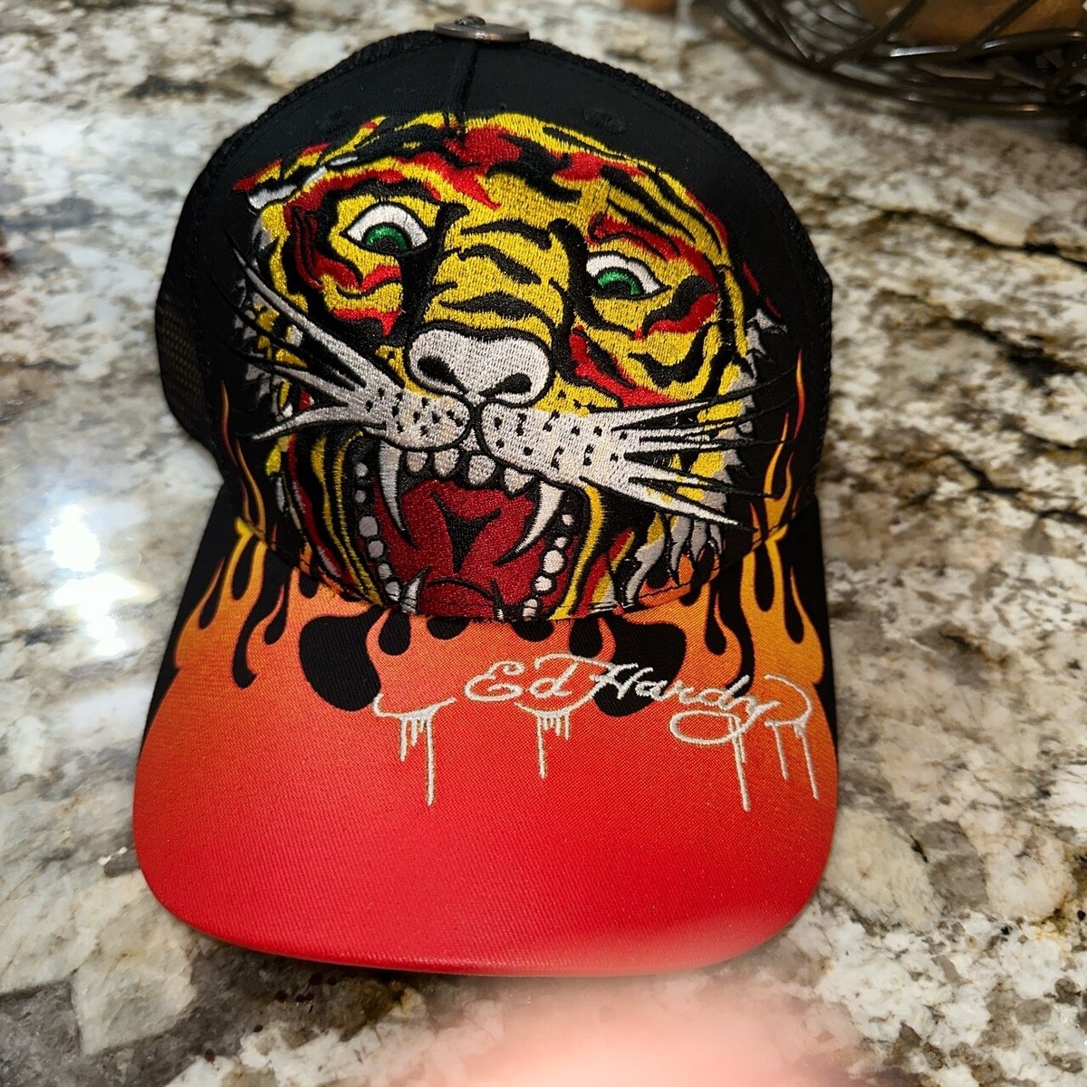 Ed Hardy Men's Tiger Fire Flames Trucker Hat Black Mesh Snapback
