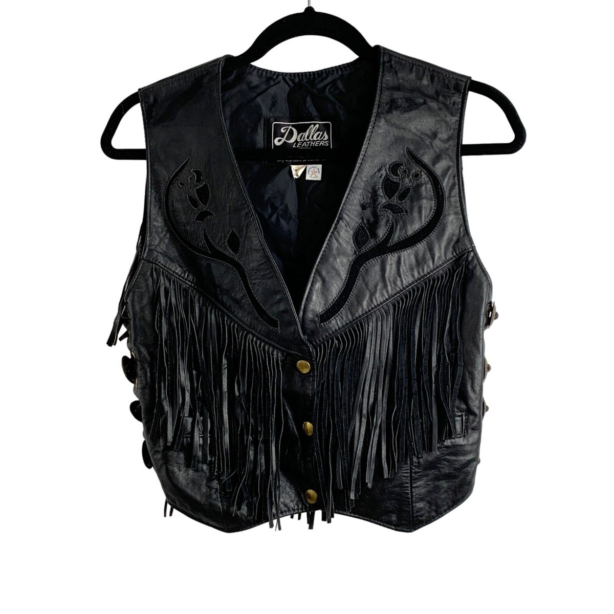 Womens 80s Vintage Black Leather USA 7194 Vest Fringe Snaps