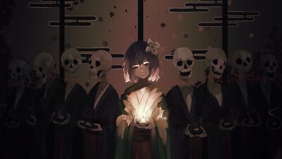 Anime girls bones skeleton short hair kimono thread playmat gaming mat