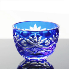 Kiriko Glass Sake Cup 30ml Handcrafted Cobalt Blue Japanese Motif Made in Japan