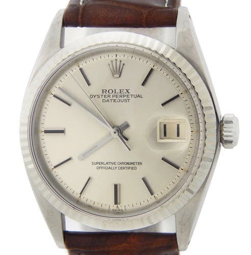 Mens Rolex Datejust 1601 Stainless Steel 18K White Gold Watch Silver Dial Brown