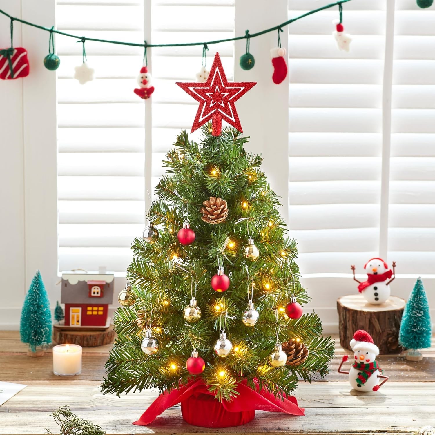 24 Inch/2FT Tabletop Mini Christmas Prelit Decoration, Artificial Mini Xmas P...