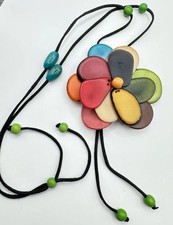 Colorful Handmade Multi Pod Tagua Nut Flower Large Pendant Black Cord Necklace