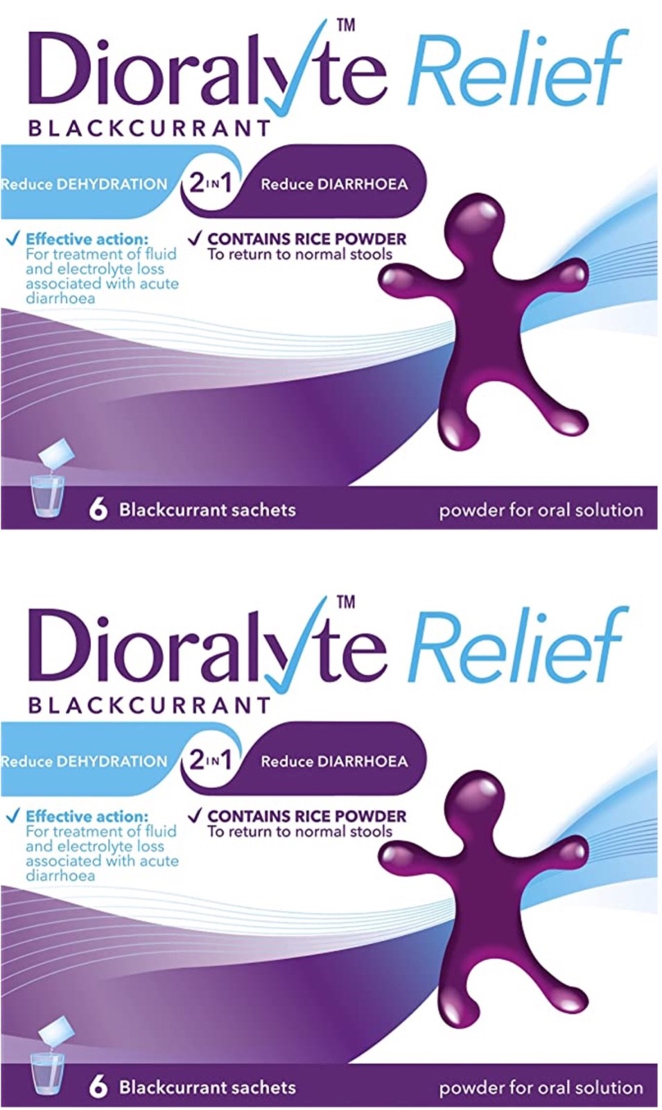 2 x DIORALYTE RELIEF Blackcurrant Sachets (6)  **£10.98/unit** Pharmacy Stock**