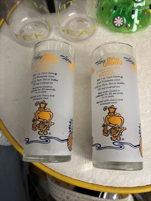 Vintage Coco Lopez Pina Colada Frosted Glasses With Recipe Set Of 2