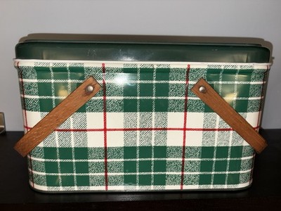 Vintage Green Tartan Plaid Metal Picnic Basket Box & Lid Wood Handle Cottagecore