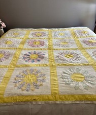 Antique Quilt-Hand Stitched, Yellow Square with White Background, Dresden Plate