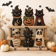 Halloween Black Cat Decor, Witch Vampire Mummy Ghost Wooden Shelf Sitter