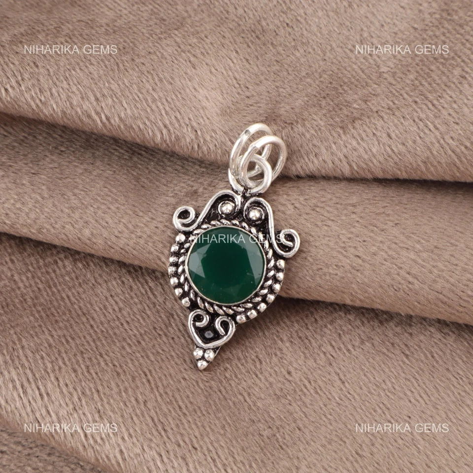 Argento Sterling Rotondo Verde Naturale Onice Figlia Matrimonio Unico Pendente - Immagine 4 di 4