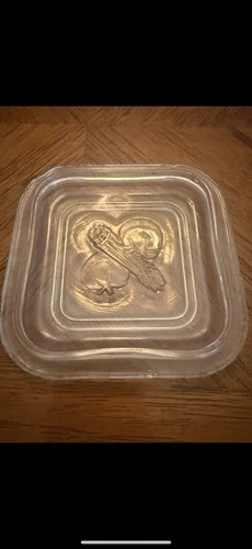 Vintage Federal Glass refrigerator dish lid embossed vegetable motif, asparagus