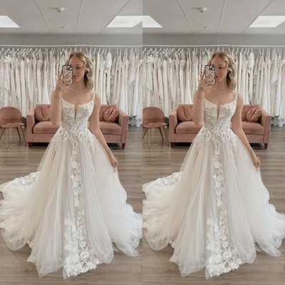 Elegant Wedding Dresses Lace Appliques A Line Tulle Sweep Train Bridal Gowns