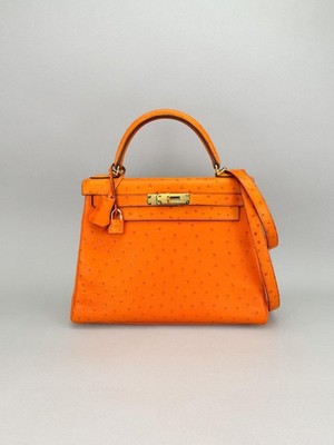 Hermes Kelly 28 Retourne Ostrich Orange Gold Hardware Preowned Square K