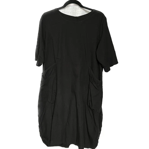 Catharina Dress Sz 12 Black Lagenlook Goth Midi Pull On Front Pockets Cinch Hem