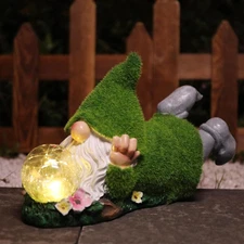 Garden Gnome Statue with Solar Crackle Glass Globe Lights, Resin Gnomes Statue, 