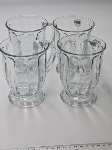 VTG Set Of 4 Anchor Hocking 16 OZ Clear Glass Coffee Mug Heavy Footed 5”RARE HTF