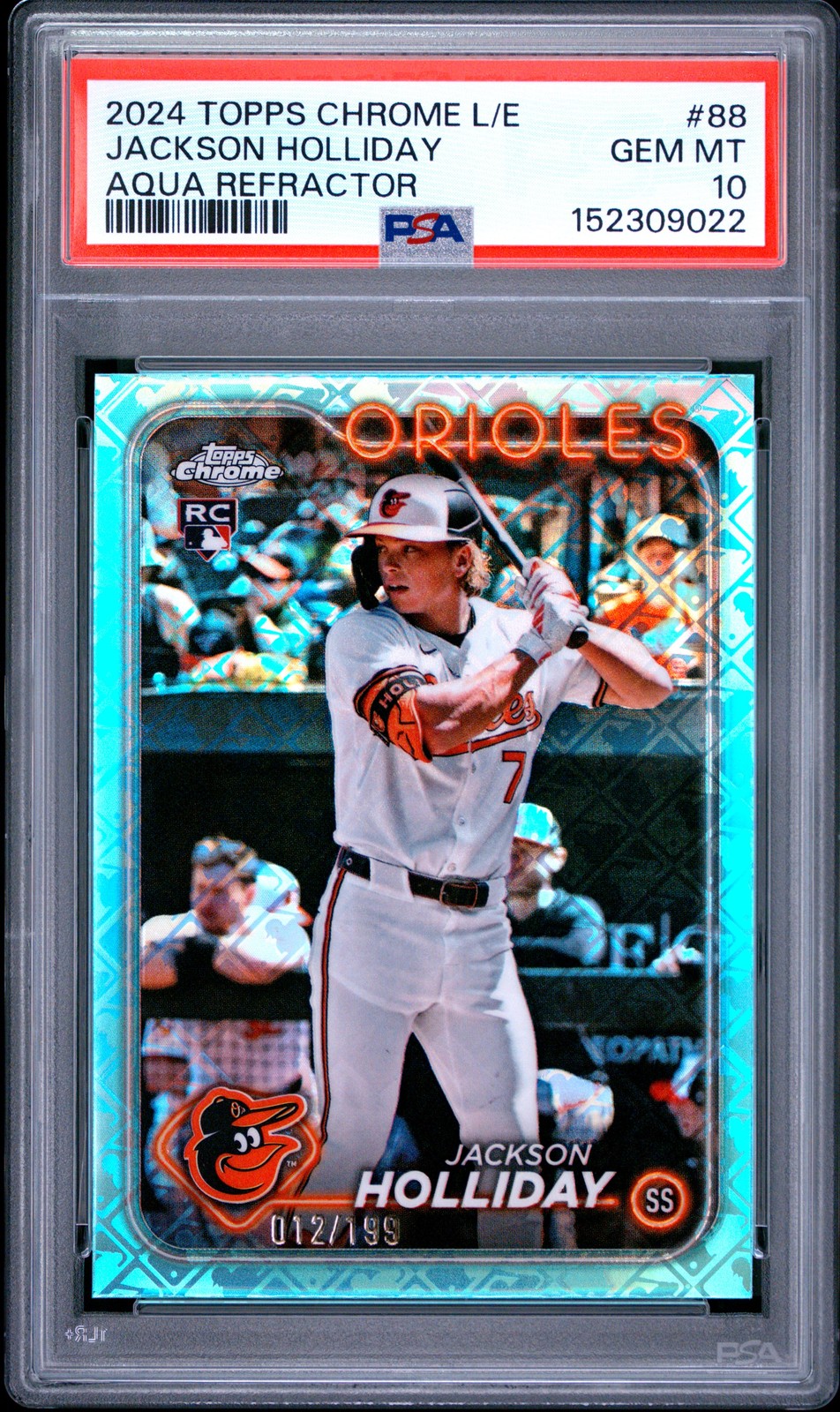 2024 TOPPS CHROME LOGOFRACTOR AQUA REFRACTOR #88 JACKSON HOLLIDAY 12/199 PSA 10
