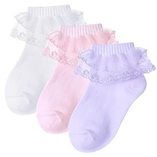 3 Pairs Girls Ruffle Socks Cute White Frilly Lace 4-6 Years White,purple,pink