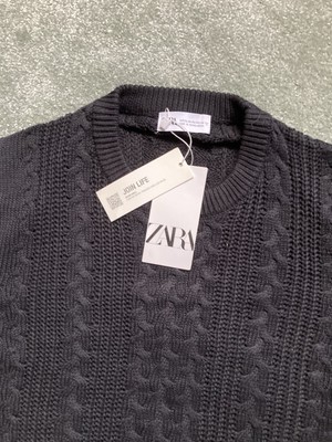 Zara Man Pullover Größe XL Schwarz Stretch Zopfmuster Neu mit Etikett