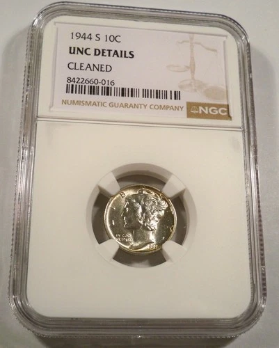 1944-S NGC UNC DETAILS CLEANED MERCURY DIME 10c WINGED LIBERTY