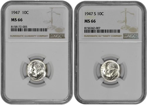 1947 P + S 10C Silver Roosevelt Dime NGC Graded MS 66 Two Coin Lot