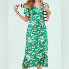 LOFT Green Blue Red Floral V Neck Midi Dress