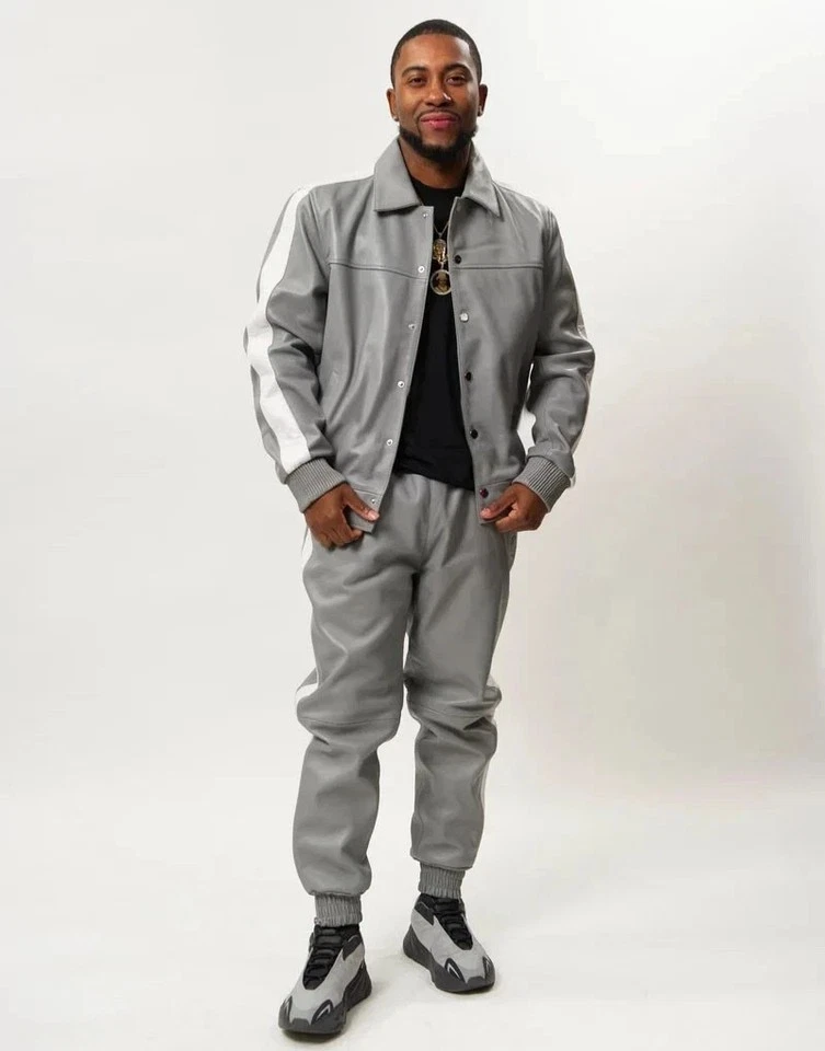 Men Genuine Leather Track Suit Sweat suit Men Jogging Tracksuit Sky Gray/White
