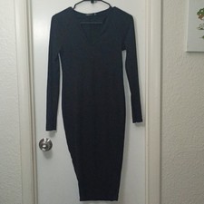 Boohoo Black Knit Bodycon Dress Long Sleeve V-Neck Midi Pullover USA 4