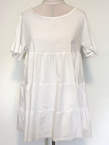 Nasty Gal White Tiered Mini Dress Flared Longline Blouse Cotton Blend Size UK 12