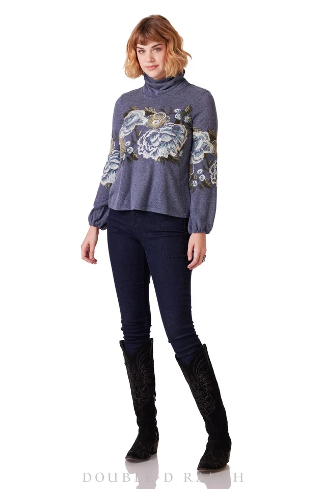 Double D Ranch Cutting Garden Top Blue Indigo 1X NWT Embroidered Flowers - Image 2 of 4