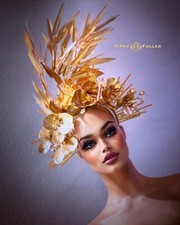 Kentucky Derby Hat Big Royal Ascot Fascinator Gold Orchid Floral Spray Del Mar