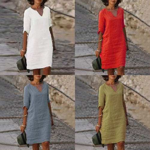 Women Short Sleeve Cotton Linen Midi Dress Ladies Solid V Neck Baggy Sundress - Bild 5 von 16