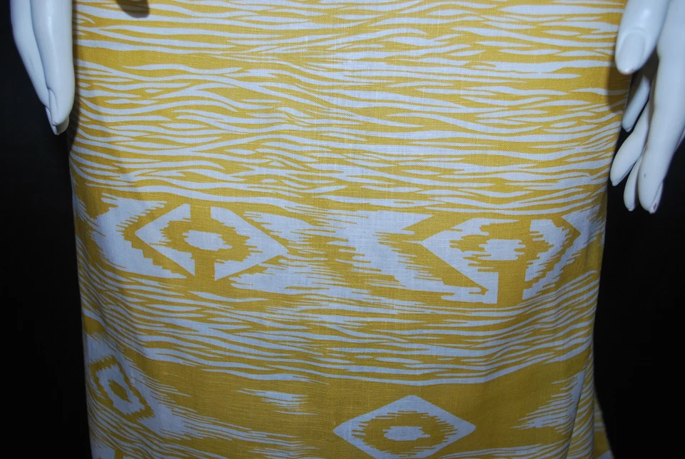 Hermoso estampado étnico 100 % fibra natural de lino europeo 5 oz mostaza blanco roto Foto 3 de 4